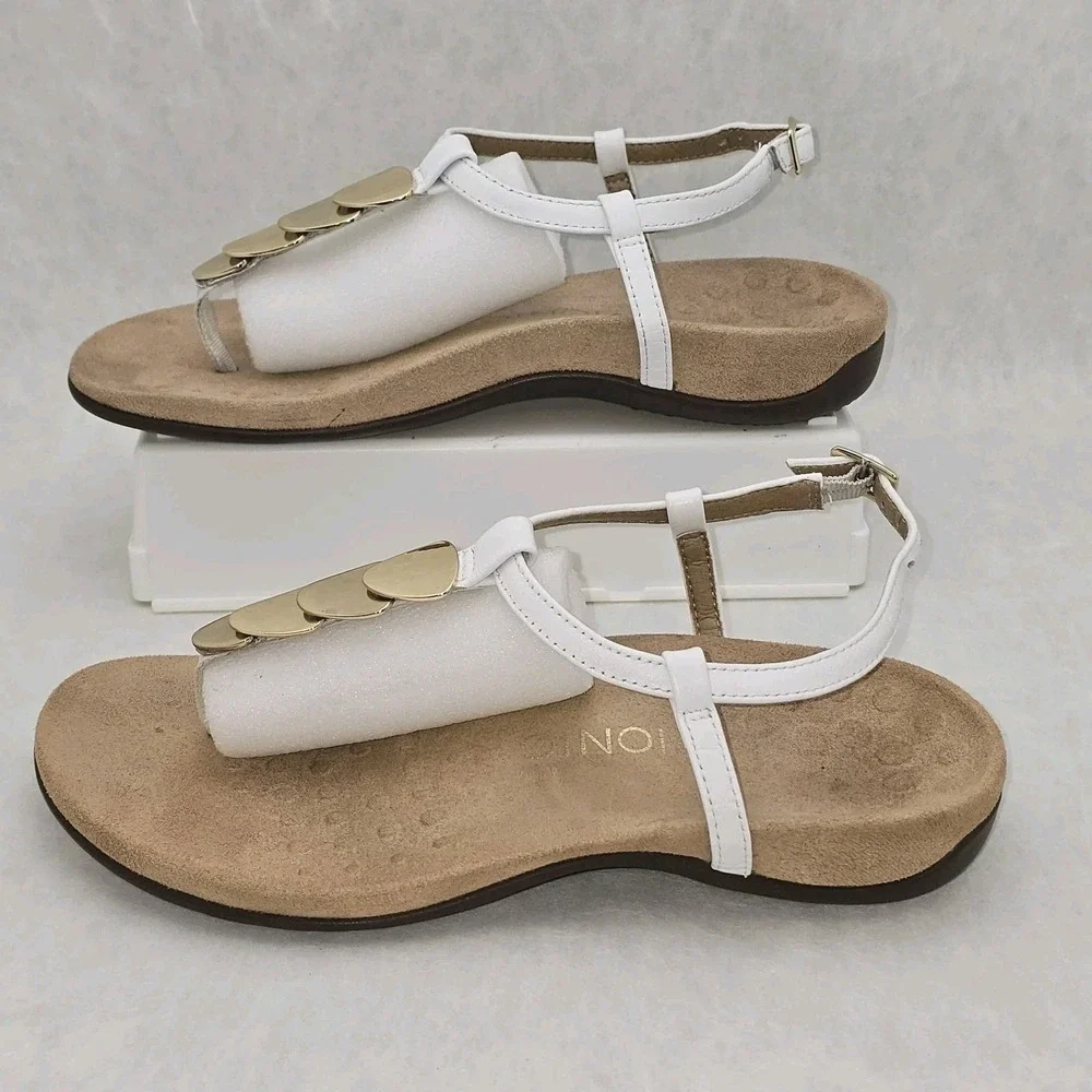 EUC VIONIC Miami Sandals White T Strap w Gold Accents Arch Support Sz 7.5 - Picture 4 of 10